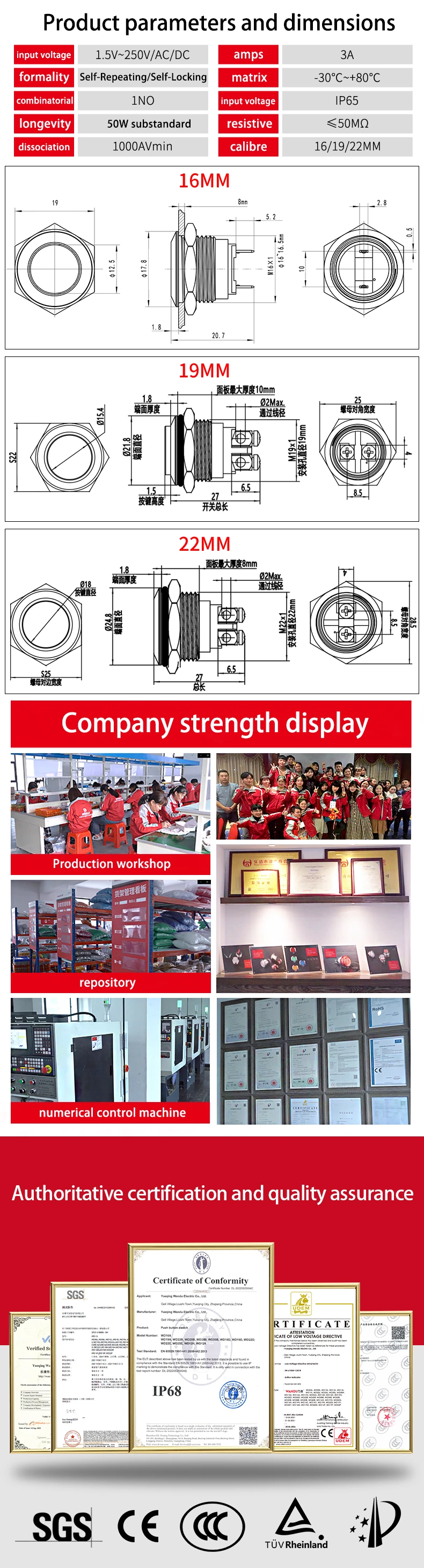 H Series Reset Lampless Metal Pushbutton Switches